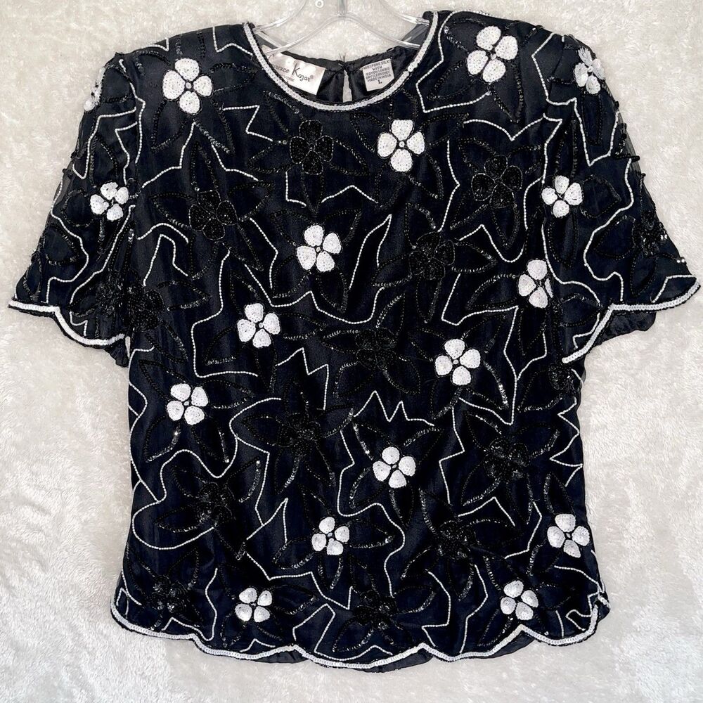 Laurence Kazar Black Silk Top Size L White Sequins Scalloped Trim Evening Gala